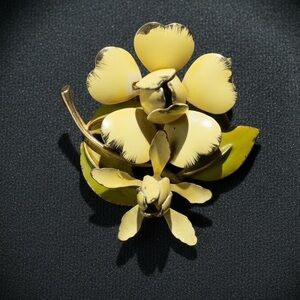 Vintage Yellow Enamel Flower Brooch Green Leaves Mid Century Floral Pin